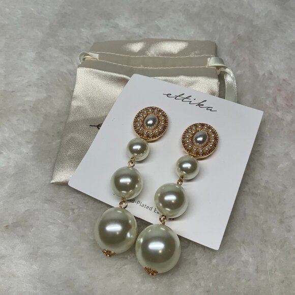 Ettika Gold Pleated Dangle Pearls Earrings - Picture 1 of 2
